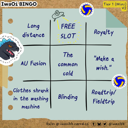 Prompts from top left to bottom right: Long distance; Free Slot; Royalty; AU Fusion; The common cold; Dialogue: "Make a wish."; Clothes shrank in the washing machine; Blinding; Roadtrip/Fieldtrip