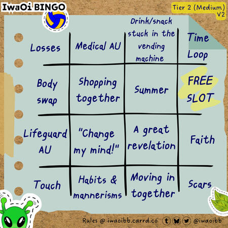 Prompts from top left to bottom right: Losses; Medical AU; Drink/snack stuck in the vending machine; Time Loop; Body swap; Shopping together; Summer; Free Slot; Lifeguard AU; Dialogue: "Change my mind."; A great revelation; Faith; Touch; Habits & mannerism