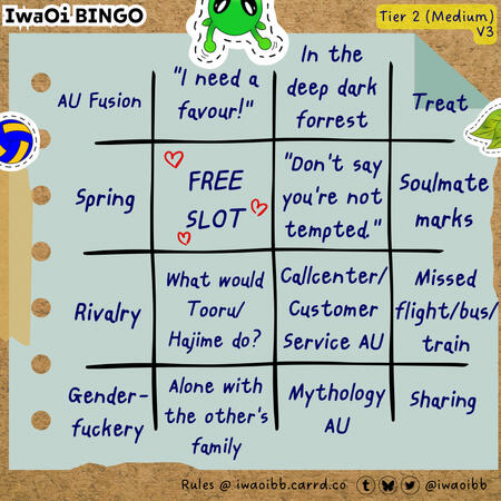 Prompts from top left to bottom right: AU Fusion; Dialogue: "I need a favor!"; In the deep dark forrest; Treat; Spring; Free Slot; Dialogue: "Don't say you're not tempted."; Soulmate marks; Rivalry; What would Tooru/Hajime do?; Callcenter/customer service